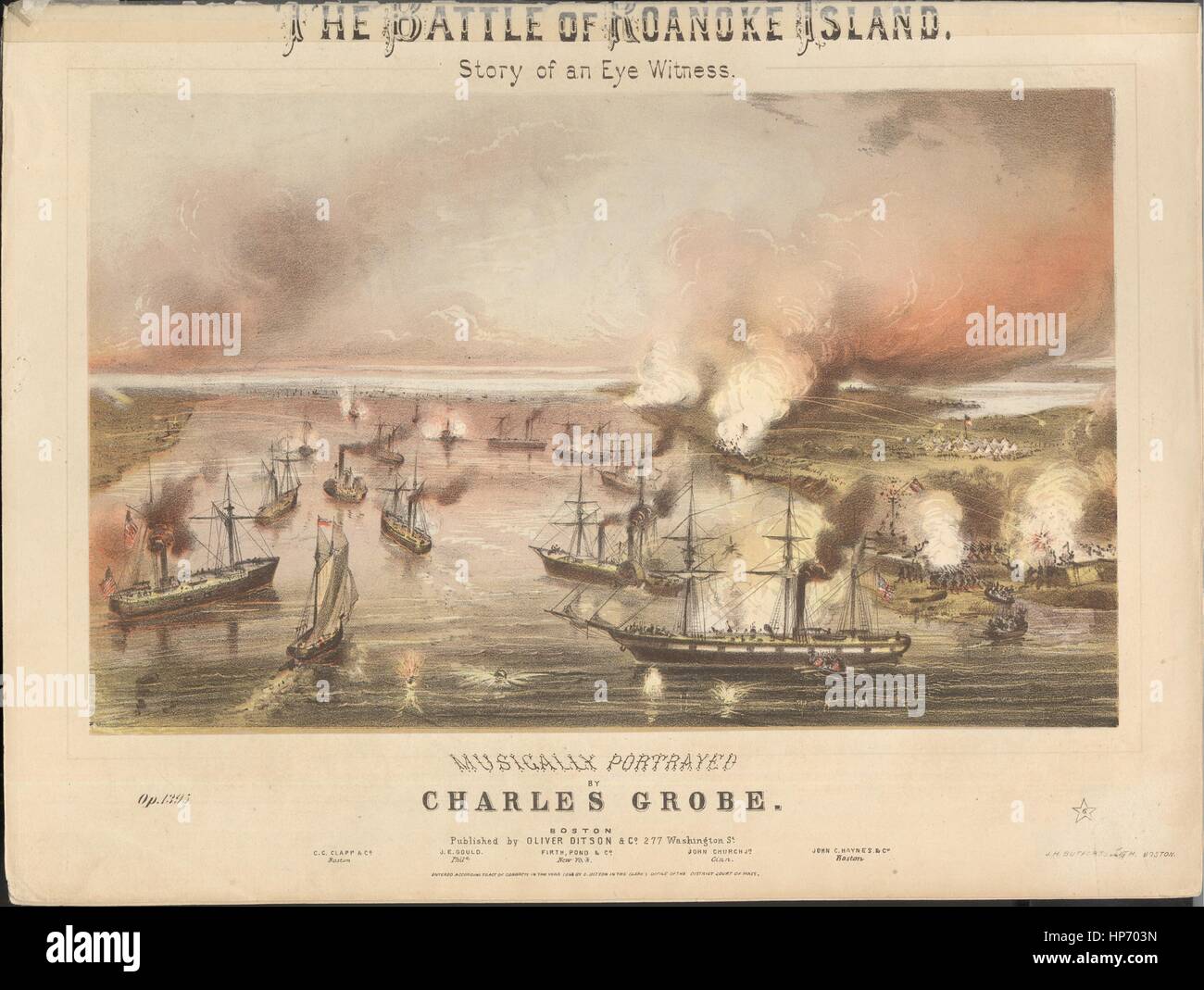 Sheet Music image de couverture de la chanson 'la bataille de Roanoke Island Histoire d'un témoin oculaire", avec les notes de l'auteur original "lecture usically interprété par Charles Grobe', United States, 1863. L'éditeur est répertorié comme 'Oliver Ditson et Co., 277 Washington St.', la forme de composition est 'sectional, avec des sous-titres des programmes, par exemple, «sept heures, mardi soir, Février 4th, 1862.'', l'instrumentation est 'piano', la première ligne se lit 'Aucun', et l'illustration artiste est répertorié comme "J.H. Bufford's Lith. Boston'. Banque D'Images