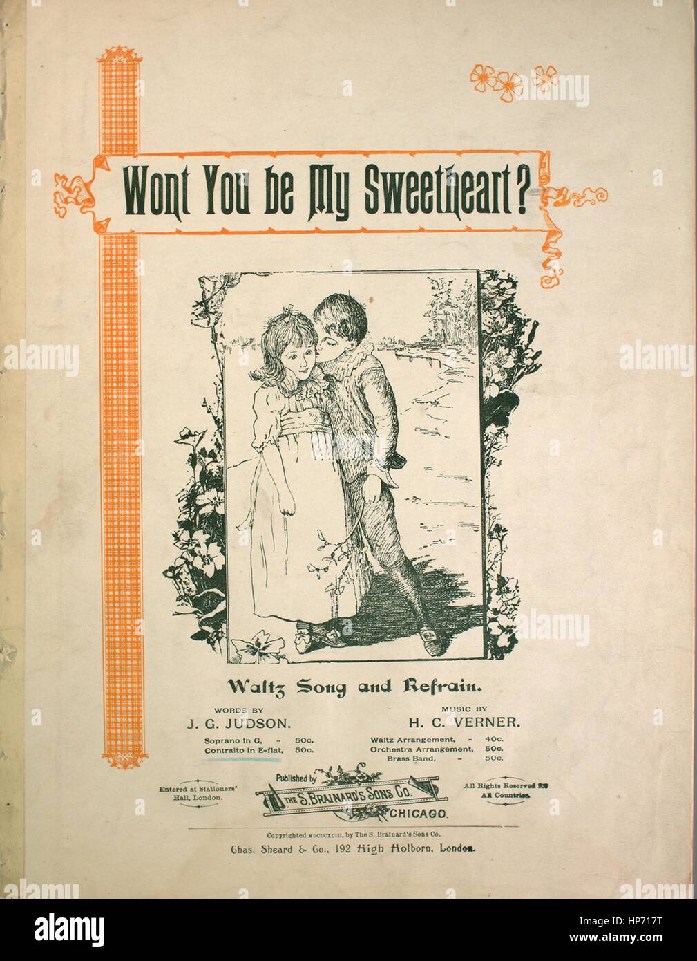 Sheet Music image de couverture de la chanson 'ne pas être mon amoureux ? Chanson valse et s'abstenir', avec l'auteur original "Lecture notes Mots par JG Musique Judson par SC Verner', United States, 1893. L'éditeur est répertorié comme "le Fils du S. Brainard Co.', la forme de la composition est "avec chœur trophique', l'instrumentation est 'piano et voix", la première ligne se lit "un winsome Mlle de sept un garçon tout plein de plaisir', et l'illustration artiste est répertorié comme 'Aucun'. Banque D'Images