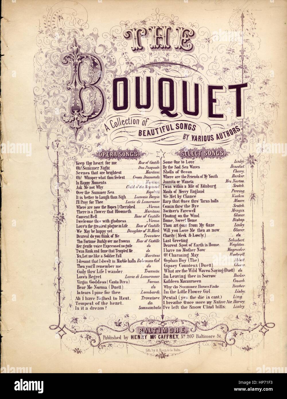 Sheet Music image de couverture de la chanson 'Juanita une ballade espagnole Titre de la série Le bouquet Une collection de belles chansons, avec des notes de l'auteur original "lecture par député Mme Norton, United States, 1900. L'éditeur est répertorié comme "Henry McCaffrey, No207 Baltimore St.', la forme de la composition est "avec chœur trophique', l'instrumentation est 'piano et voix", la première ligne affiche le "soft o'er la fontaine Ling'ring falls le sud de la lune", et l'illustration artiste est répertorié comme 'Lith. par A. Hoen et Co. Balto.'. Banque D'Images