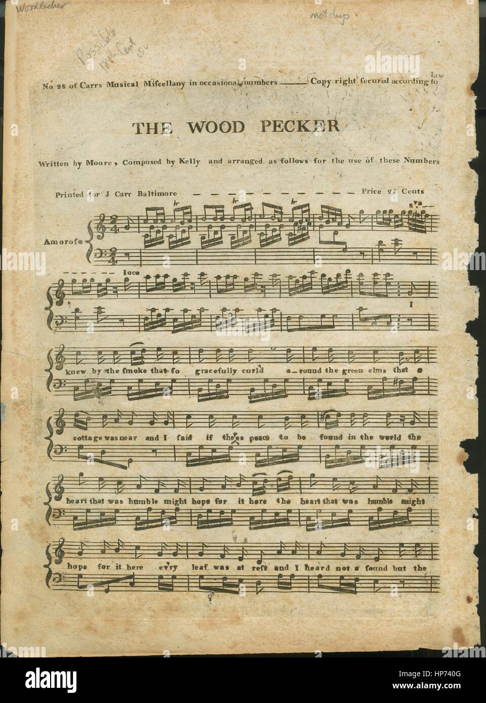 Sheet Music image de couverture de la chanson 'La série se nourrisant de titre no28 de Carrs Florilège Musical en chiffres' occasionnels, avec une œuvre originale 'Lecture notes Écrit par Moore, composé par Kelly et répartis comme suit pour l'utilisation de ces numéros', United States, 1900. L'éditeur est répertorié comme "J. Carr', la forme de la composition est "avec chœur trophique', l'instrumentation est 'piano et voix", la première ligne se lit "Je savais par la fumée que maintenant crul autour de l'Elms vert', et l'illustration artiste est répertorié comme 'Aucun'. Banque D'Images
