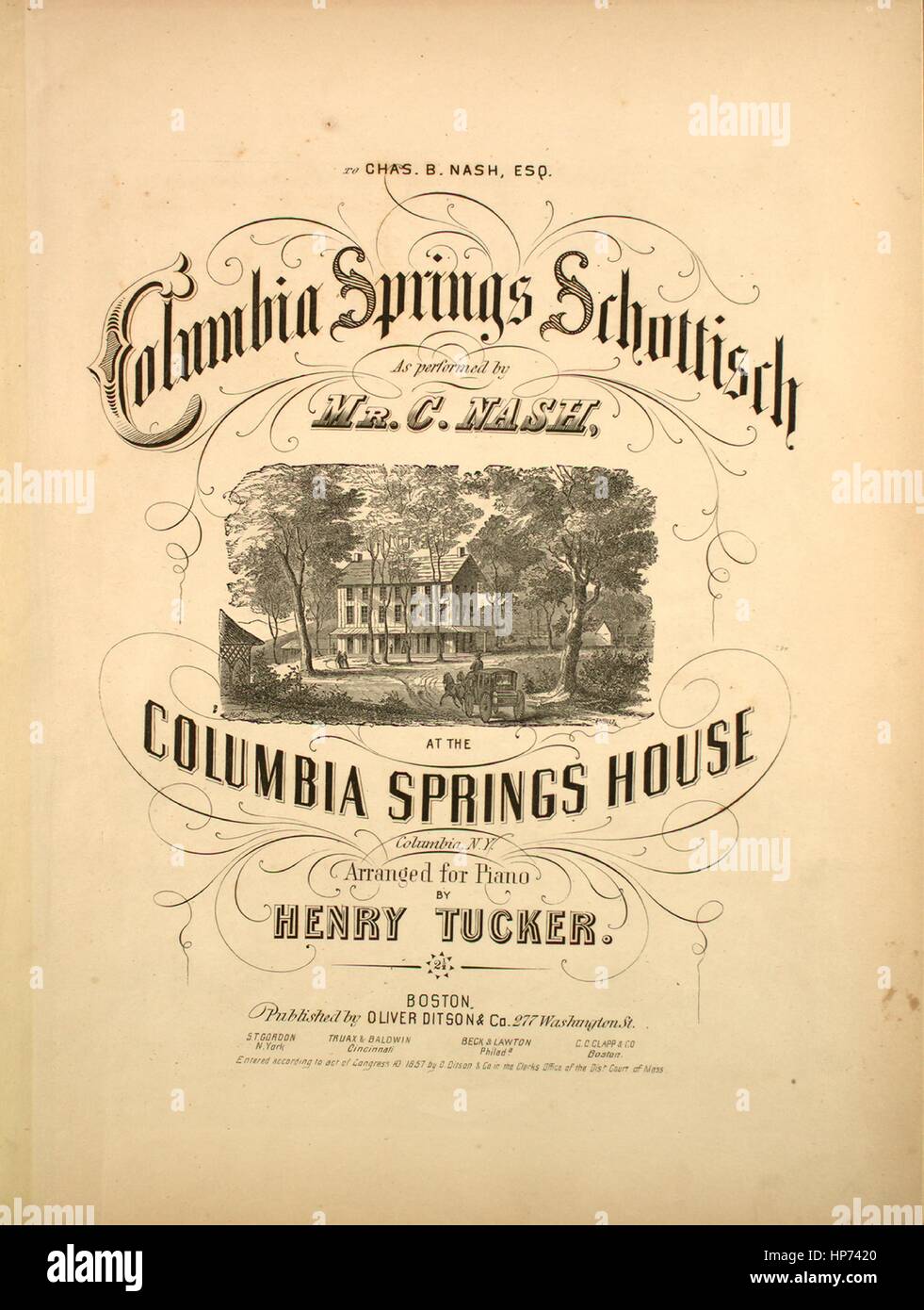 Sheet Music image de couverture de la chanson 'Colombie-Britannique Springs Schottisch', avec l'auteur original "Lecture notes organisées pour Piano par Henry Tucker', United States, 1857. L'éditeur est répertorié comme 'Oliver Ditson et Co., 277 Washington St.', la forme de composition est 'sectional', l'instrumentation est 'piano', la première ligne se lit 'Aucun', et l'illustration artiste est répertorié comme 'Lossing-Barritt'. Banque D'Images