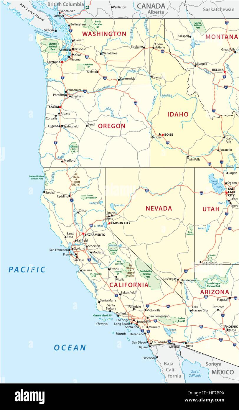 Les routes, les partis politiques et administratives plan de l'ouest des États-Unis d'Amérique avec les parcs nationaux.eps Illustration de Vecteur