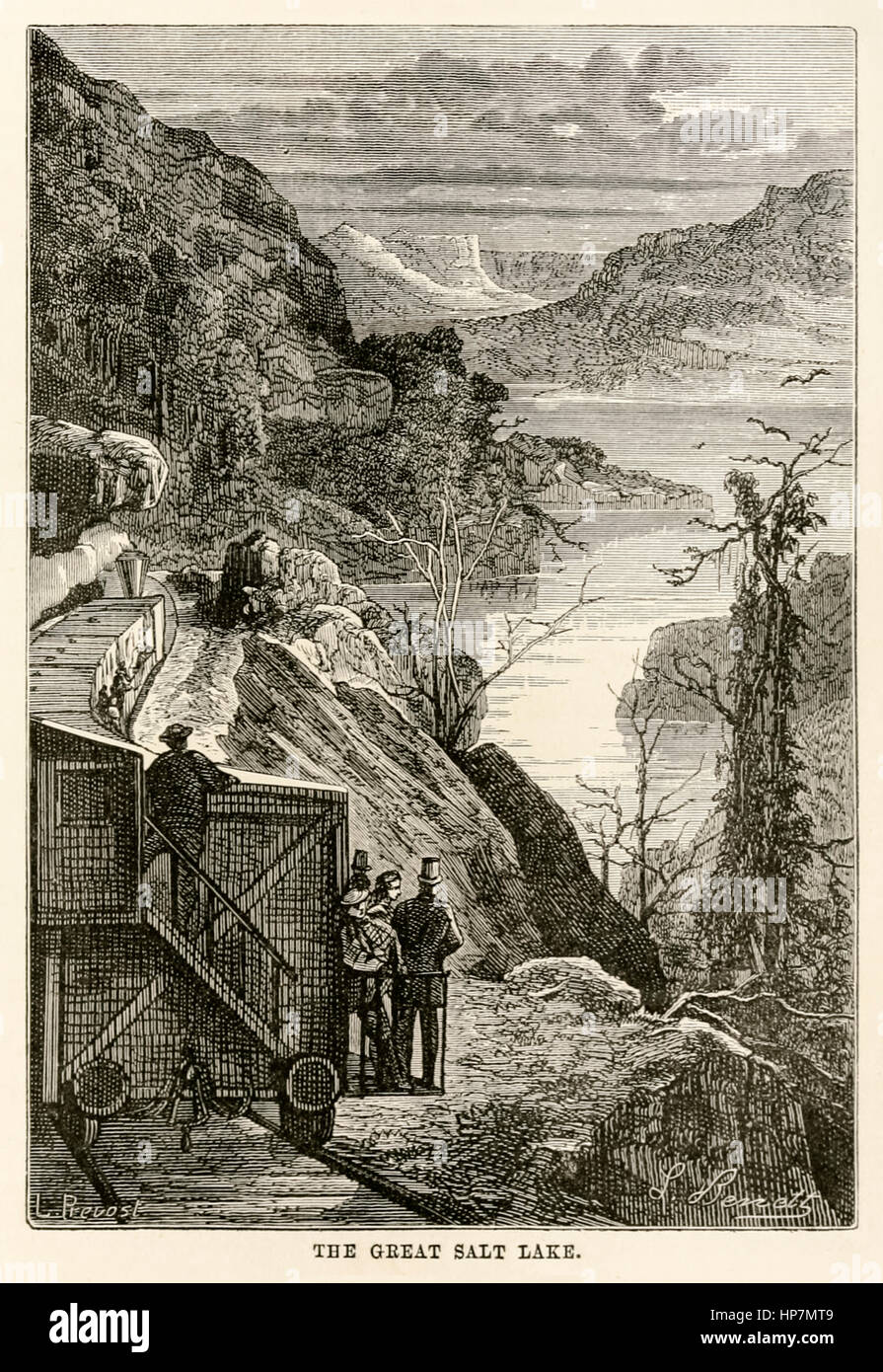 "Le Grand Lac Salé." à partir de 'autour du monde en quatre-vingts jours de Jules Verne (1828-1905) publié en 1873, illustration par Léon Benet (1839-1917) et la gravure par Prévost. Banque D'Images