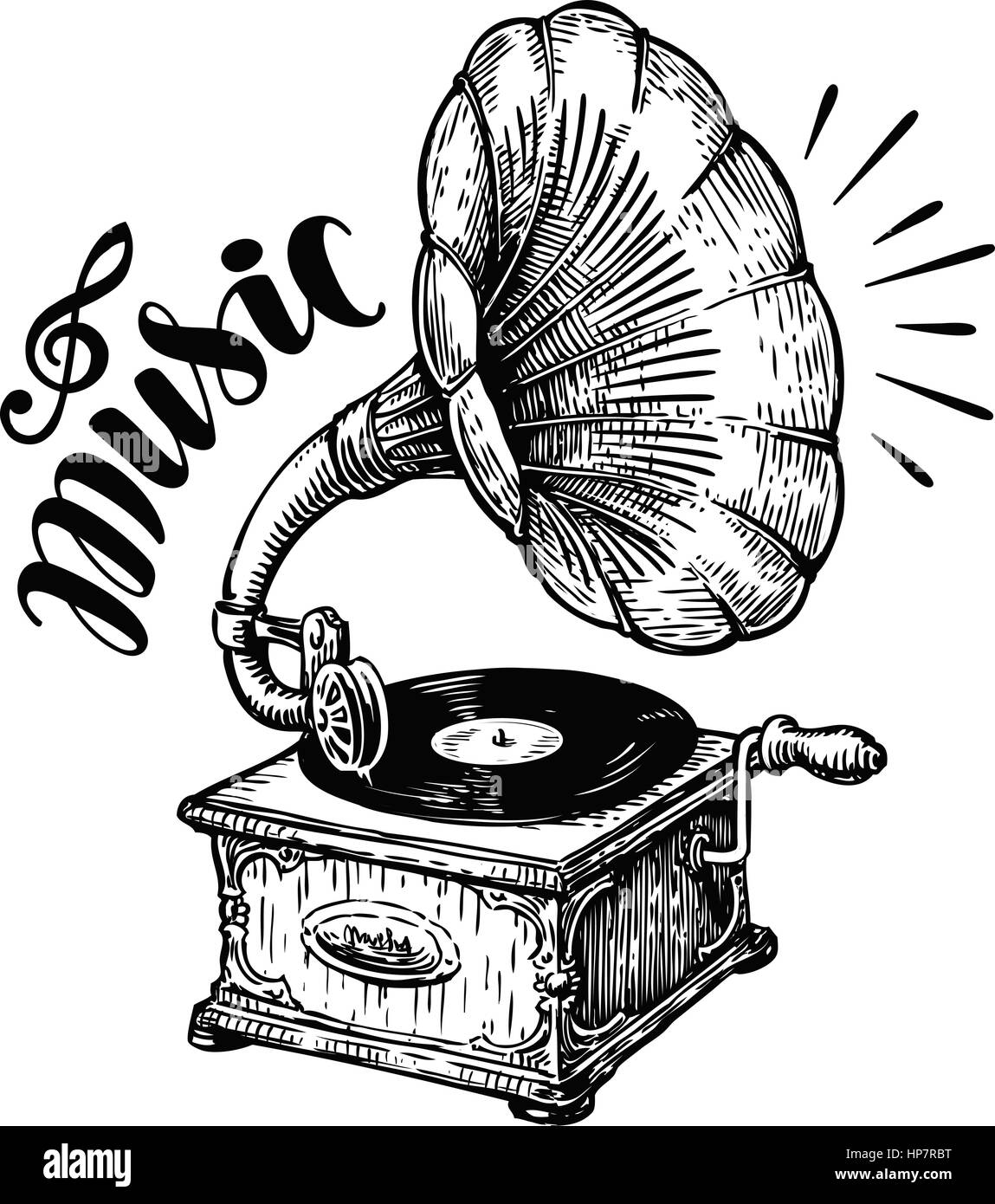 Gramophone dessiné à la main, croquis. La musique, symbole de la nostalgie. Vintage vector illustration Illustration de Vecteur