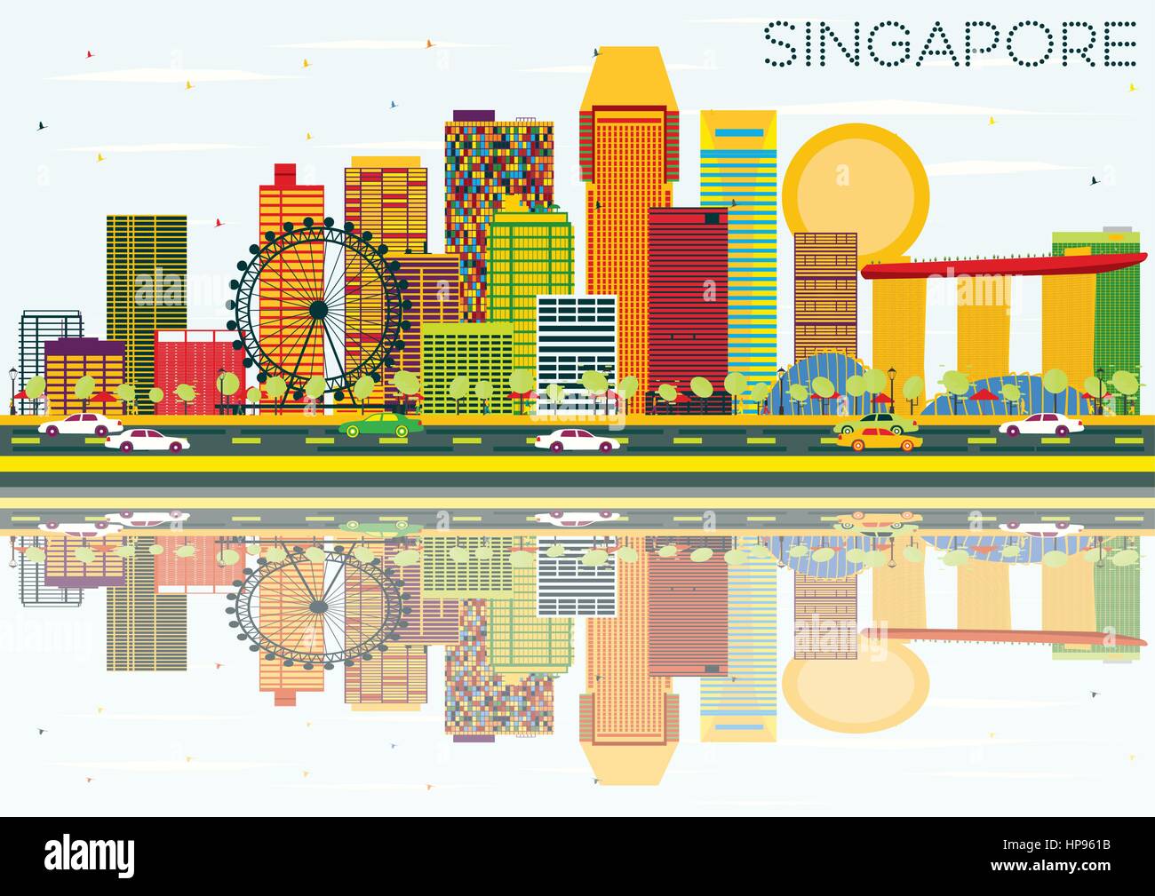 Singapour avec des bâtiments de couleur, ciel bleu et réflexions. vector illustration. Les voyages d'affaires et tourisme concept. Illustration de Vecteur