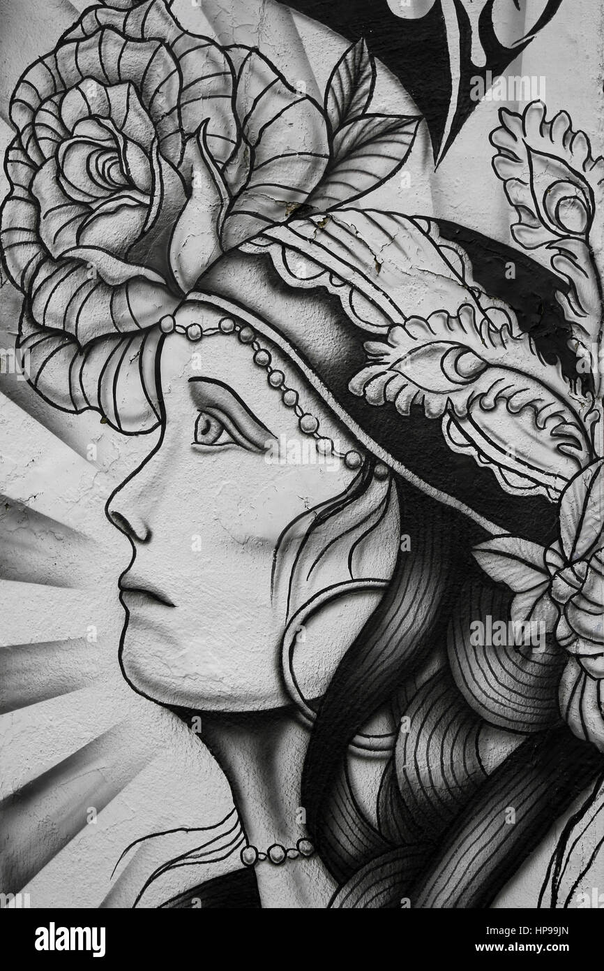 Illustration noir et blanc de Gypsy Fortune Teller et Rose au salon de tatouage, Fleetwood, UK Banque D'Images