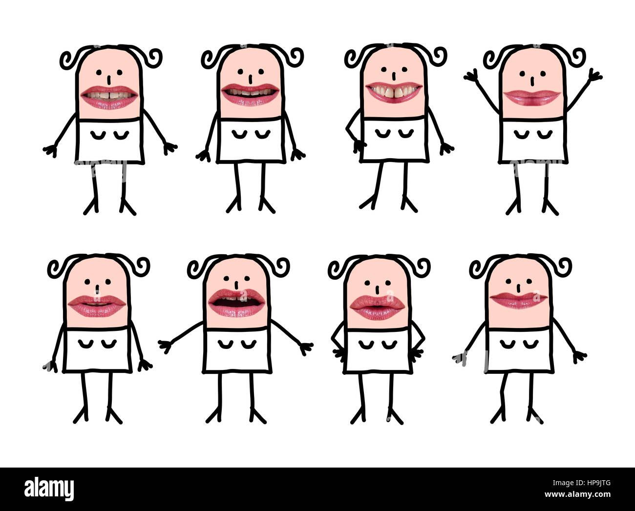 Cartoon des personnages féminins avec du vrai bouche Banque D'Images