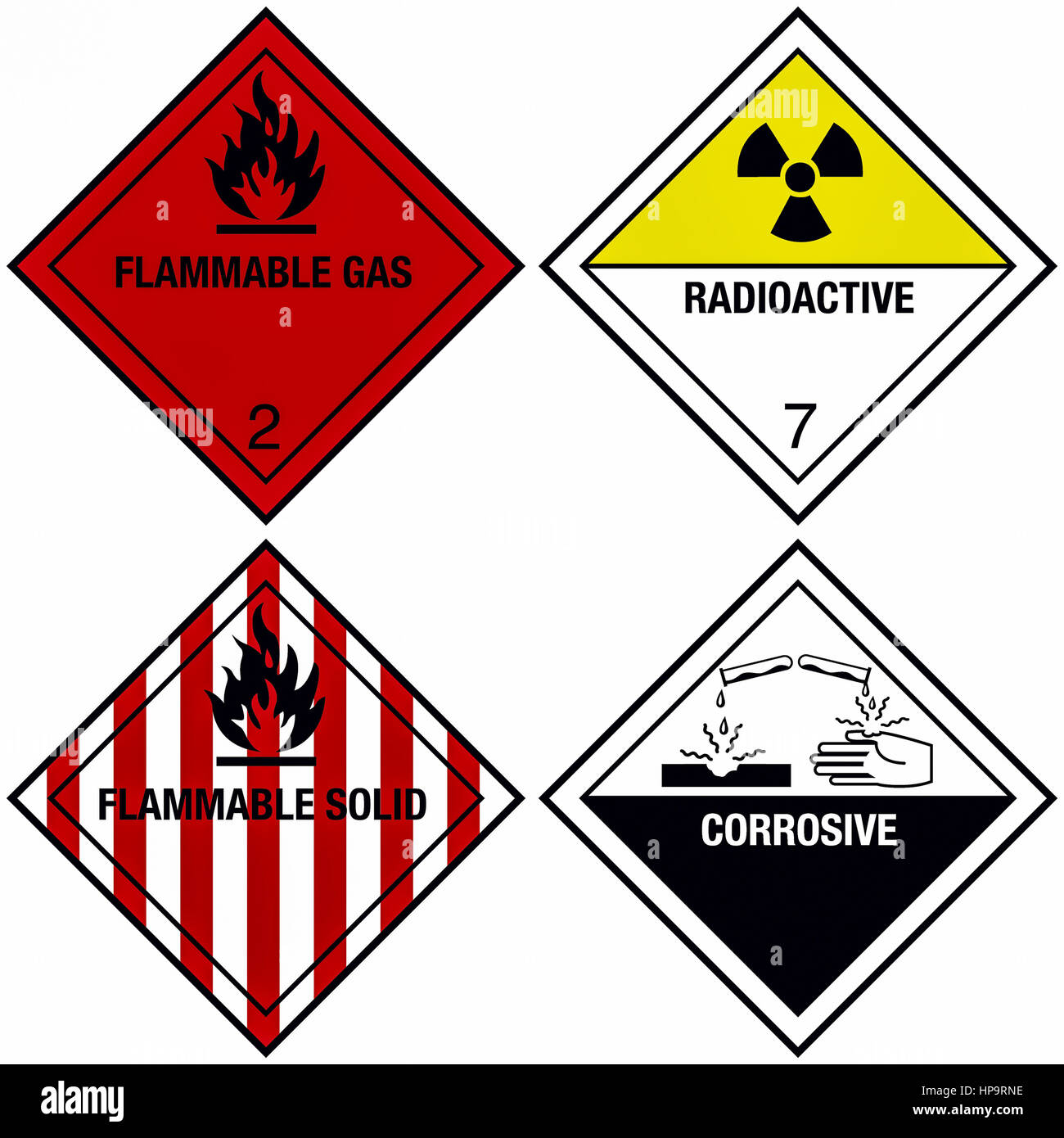 Gefahrenschilder hochentzuendliche, gase/rradioaktiv aetzend stoffe,, Banque D'Images
