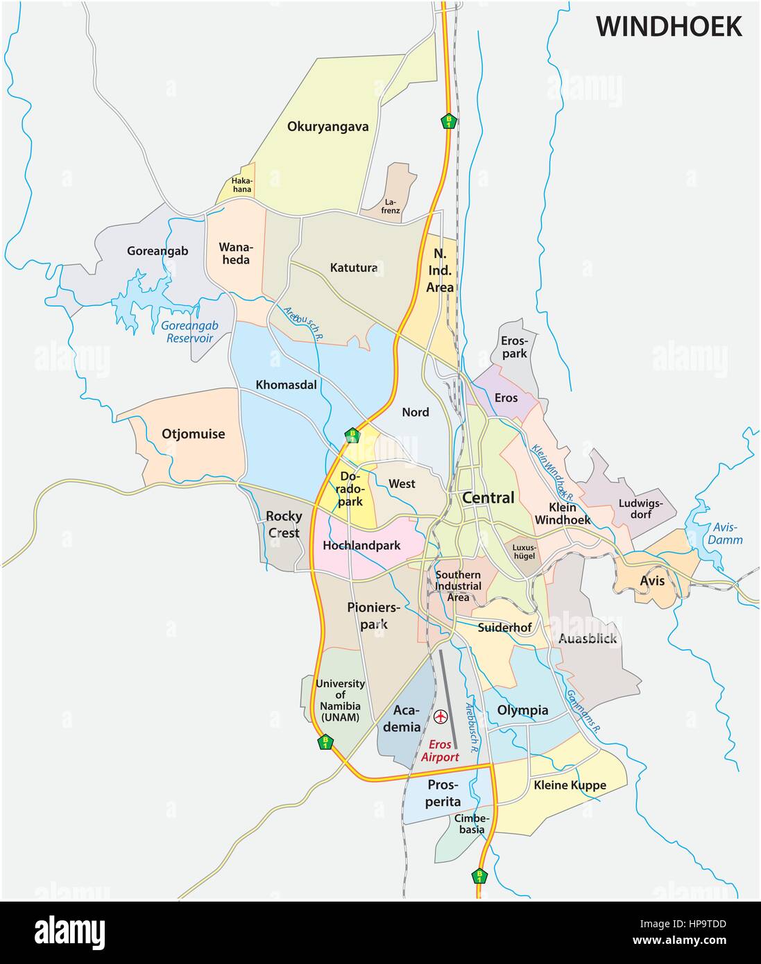 Les routes, administratifs et politiques de la carte vectorielle de la capitale namibienne Windhoek Illustration de Vecteur