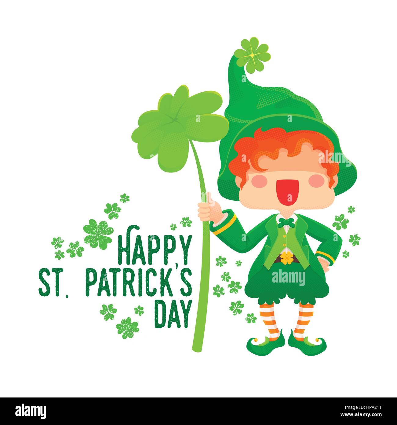 Vector Illustration de Saint Patrick's Day Happy Leprechaun avec quatre feuilles, trèfle. Lucky Clover. pour carte de Vœux. Illustration de Vecteur