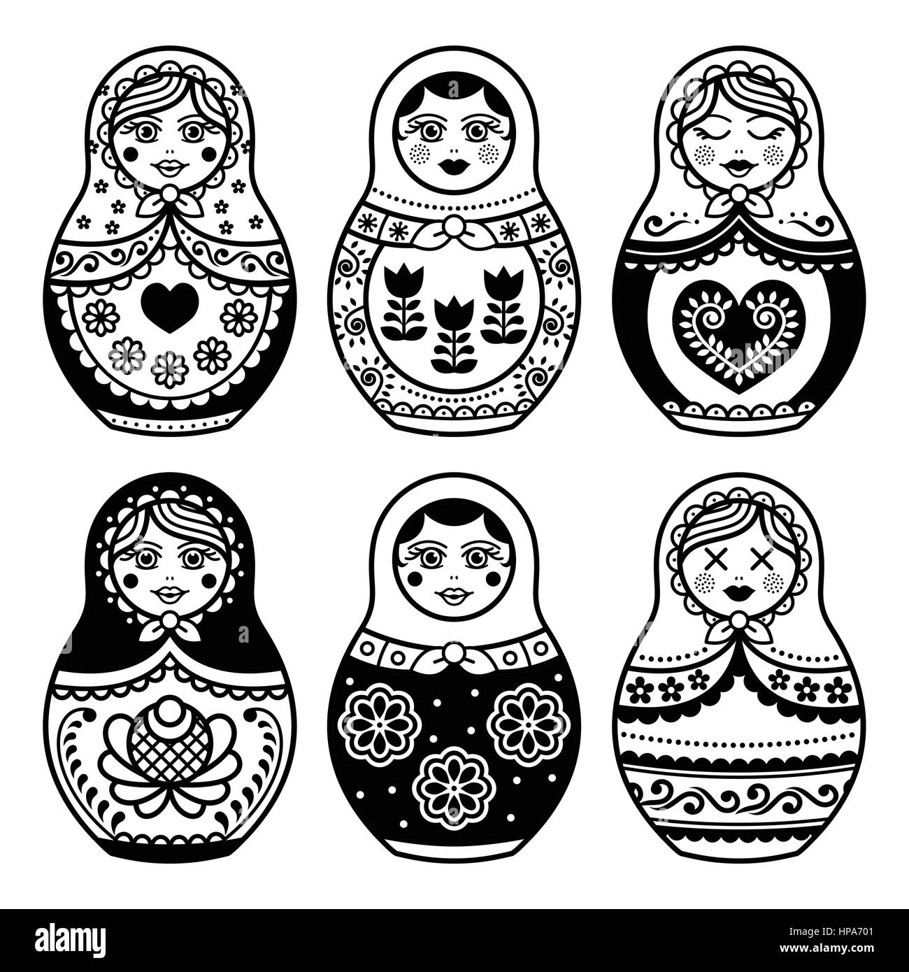 Matrioshka, poupée russe icônes colorées set sur noir Illustration de Vecteur