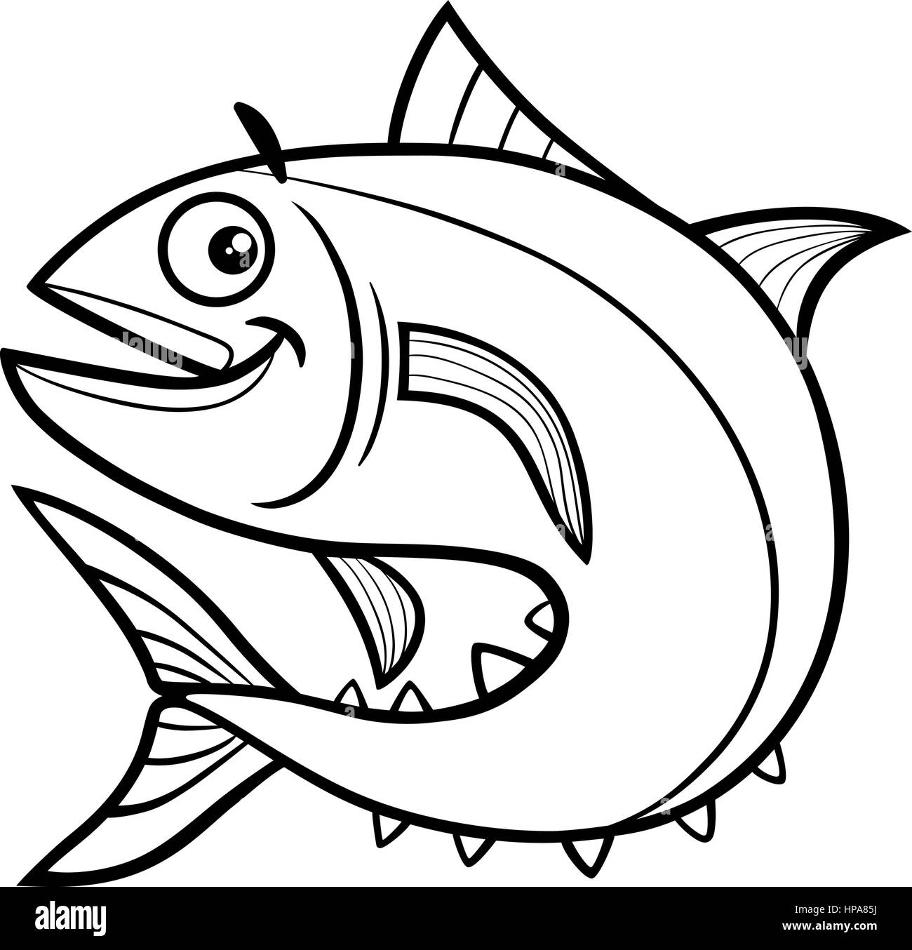 Illustration Cartoon noir et blanc de thon Sea Life Personnage Animal Coloriage Illustration de Vecteur