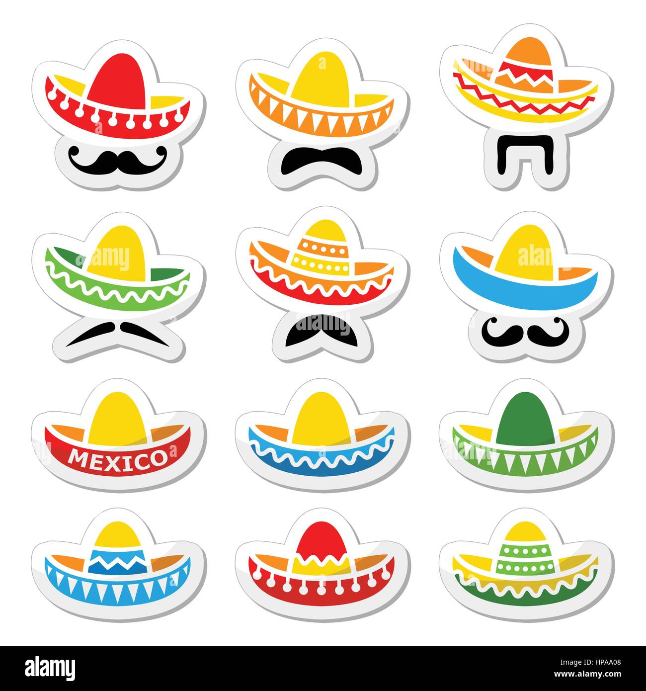 Chapeau sombrero mexicain avec moustache moustache ou icônes Illustration de Vecteur