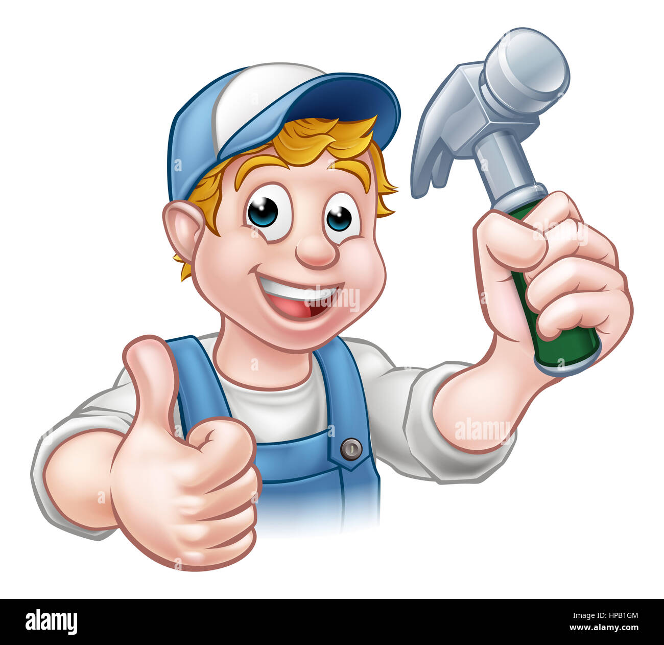 Un carpenter handyman personnage tenant un marteau et giving Thumbs up Banque D'Images