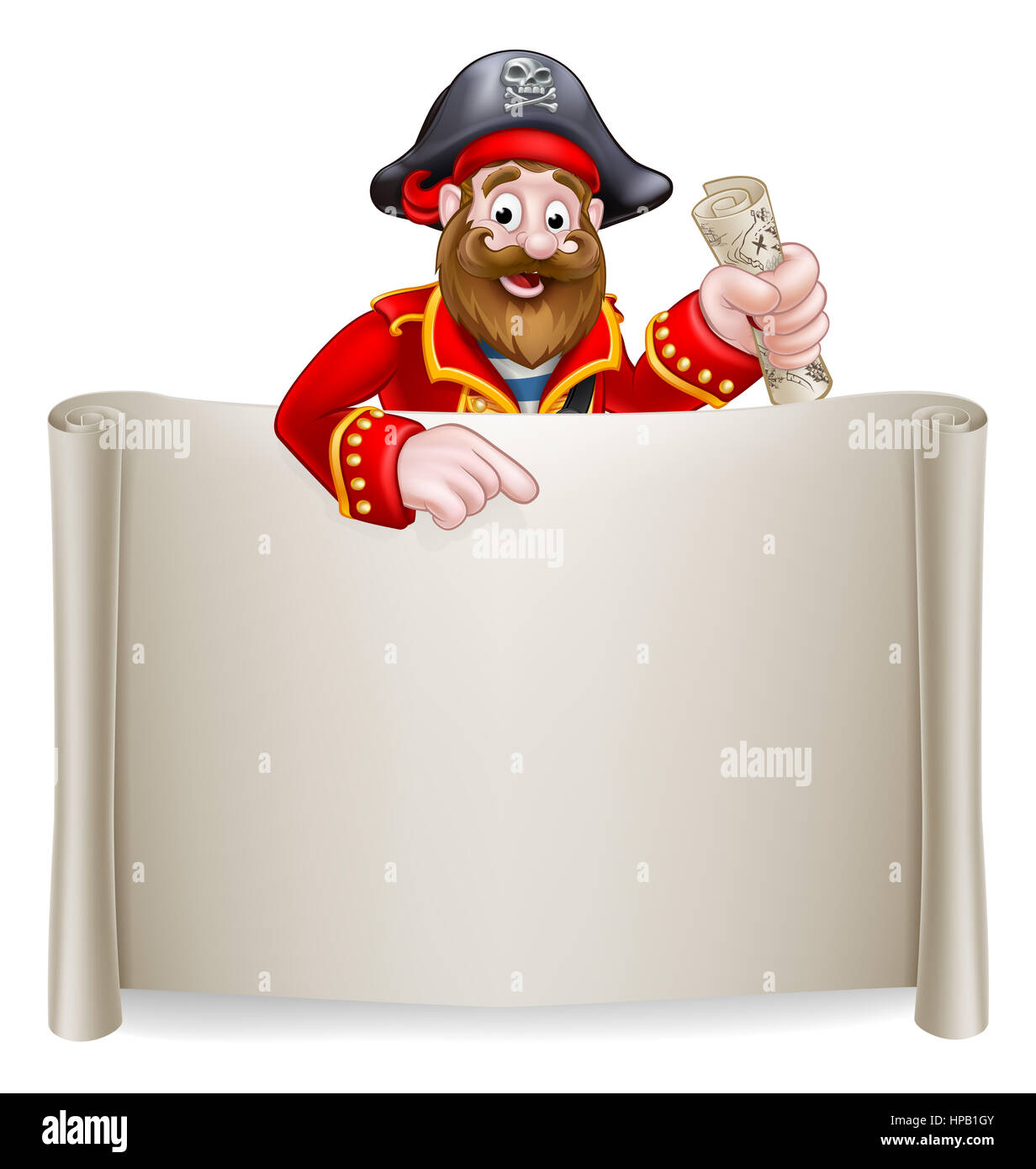 Plus d'un oeil pirate dessin animé signe de défilement vers le bas et la tenue d'une carte au trésor Banque D'Images