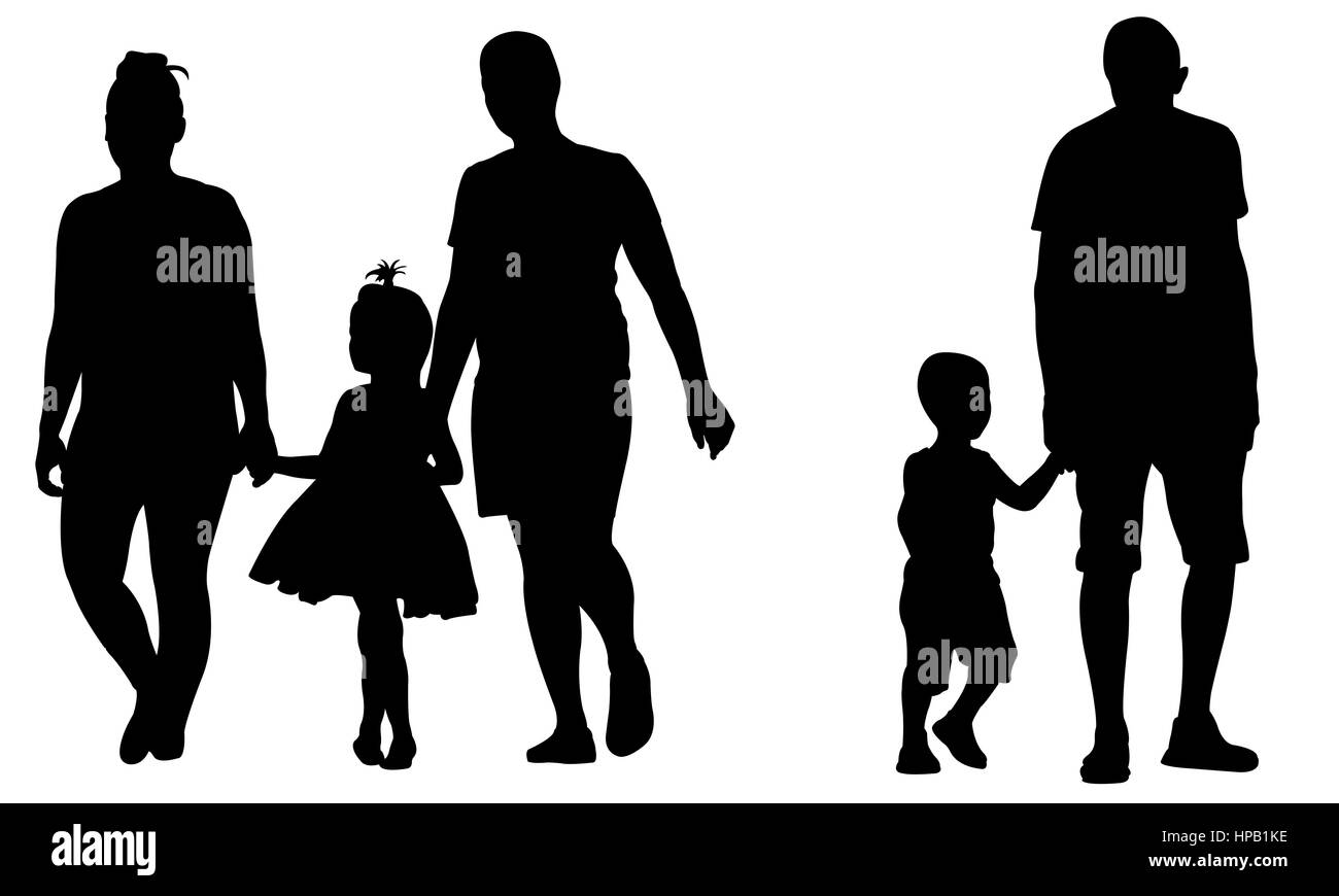 Des silhouettes d'enfants parents holding hands isolated on white Banque D'Images