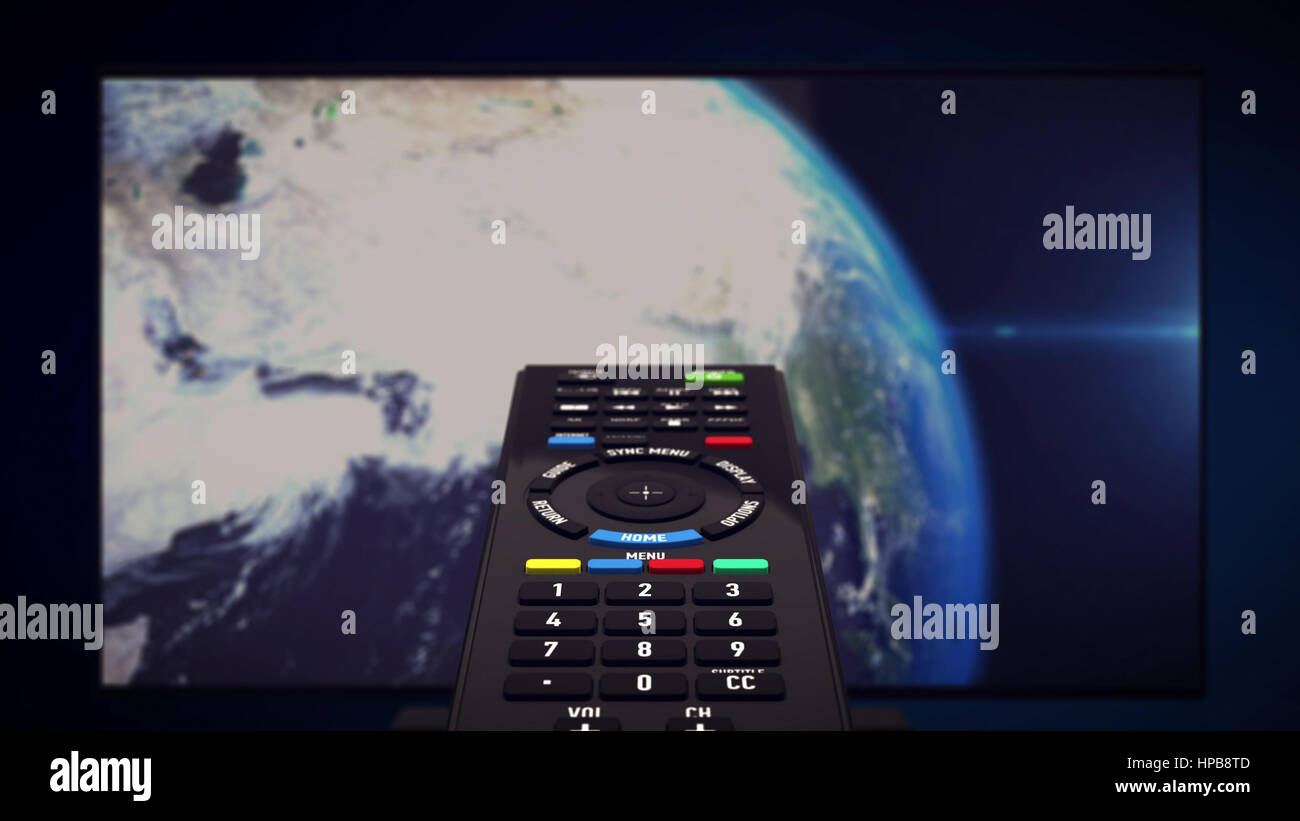 Le rendu 3D de la télécommande infrarouge. Téléviseur avec Terre planète en arrière-plan. Généré par ordinateur. Banque D'Images