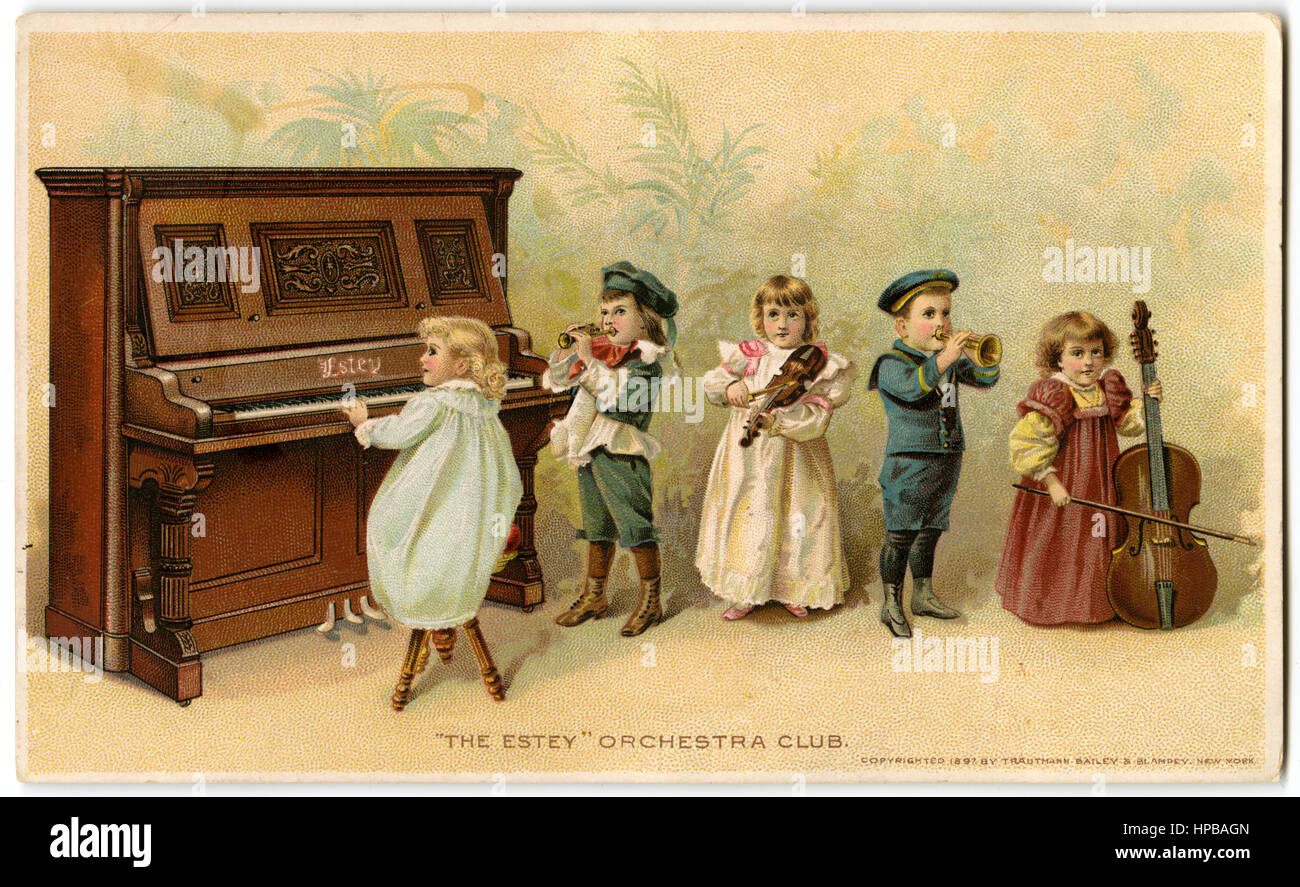 1897 chromolithographic Antique Victorian trade card pour l'Estey Piano Company de New York. Banque D'Images