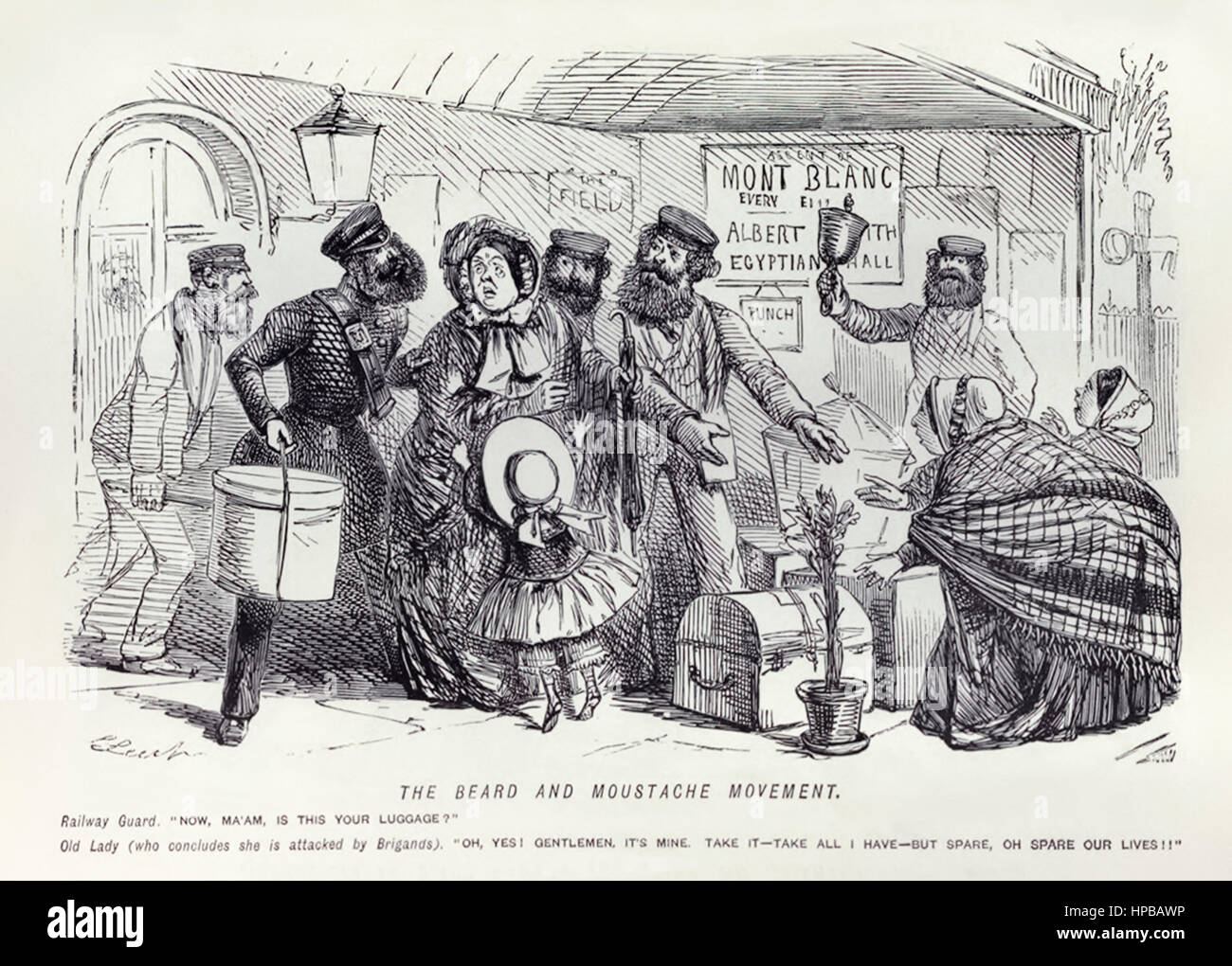 "Le Mouvement de barbe et moustache - Garde de fer : "Maintenant, Ma'am, c'est votre assurance ? Vieille dame (qui conclut qu'elle est attaqué par des brigands) : "Oh oui" Messieurs c'est la mienne. Prenez-le - prendre tout ce que j'ai - mais les pièces de notre vie ! !"" Illustration par John Leech (1817-1864) publié dans le magazine satirique 'Punch' en 1853. Banque D'Images