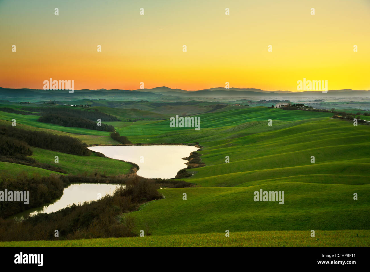 La toscane, paysage des crete senesi près de Siena, Italie, Europe. Petit lac, vert et jaune des champs, ciel bleu avec des nuages. Banque D'Images