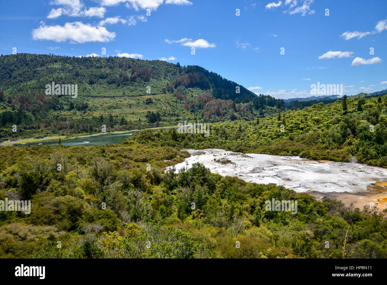 Panorama du parc géothermique Orakei Korako, forêt et rivière Waikato, Nouvelle-Zélande, île du Nord Banque D'Images