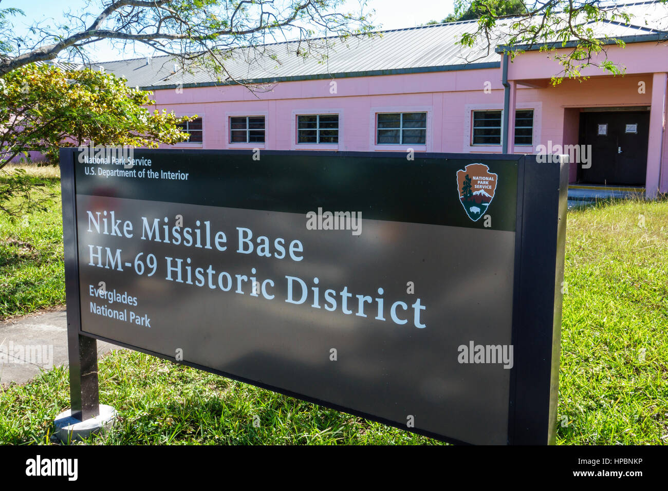 Parc national des Everglades de Floride, base de missiles Nike, ancienne base de missiles Nike-Hercules, Guerre froide, site historique, panneau, FL161222026 Banque D'Images