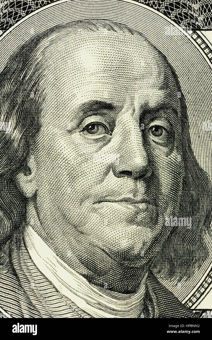 Benjamin Franklin Gros plan sur le visage de 100 $ US dollar bill. Banque D'Images