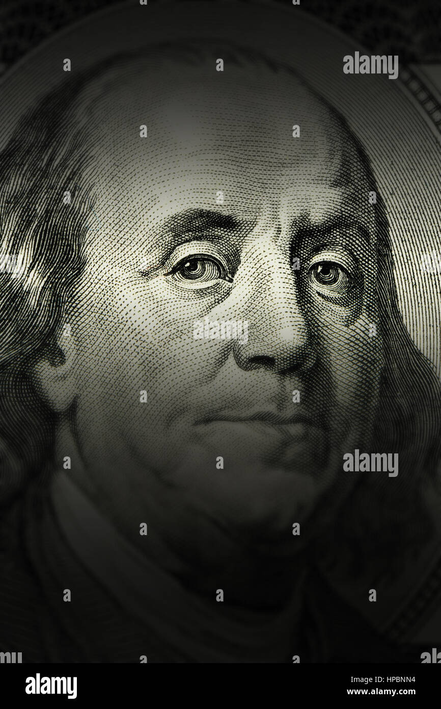 Benjamin Franklin Gros plan sur le visage de 100 $ US dollar bill. Banque D'Images