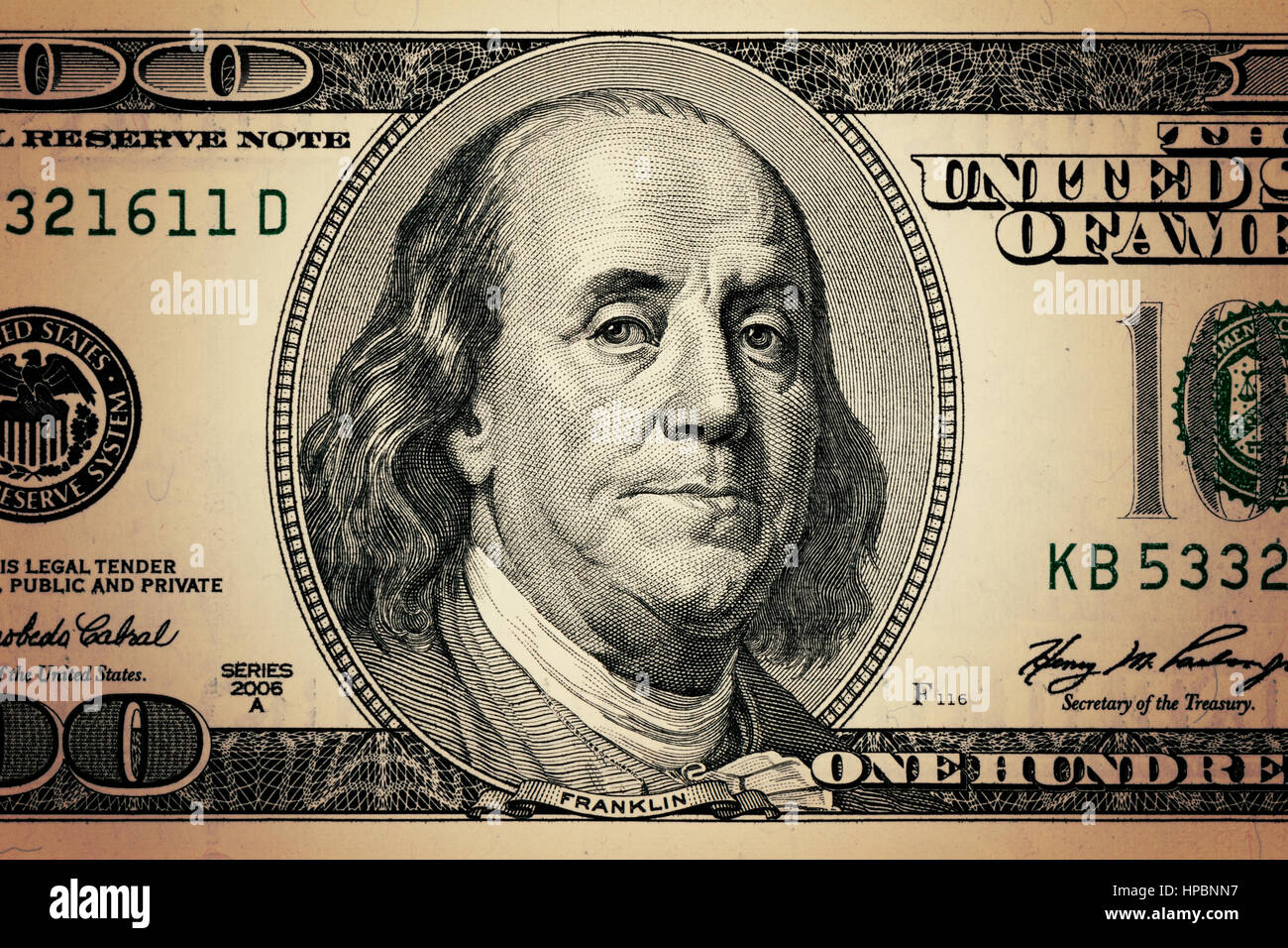 Benjamin Franklin Gros plan sur le visage de 100 $ US dollar bill. Banque D'Images