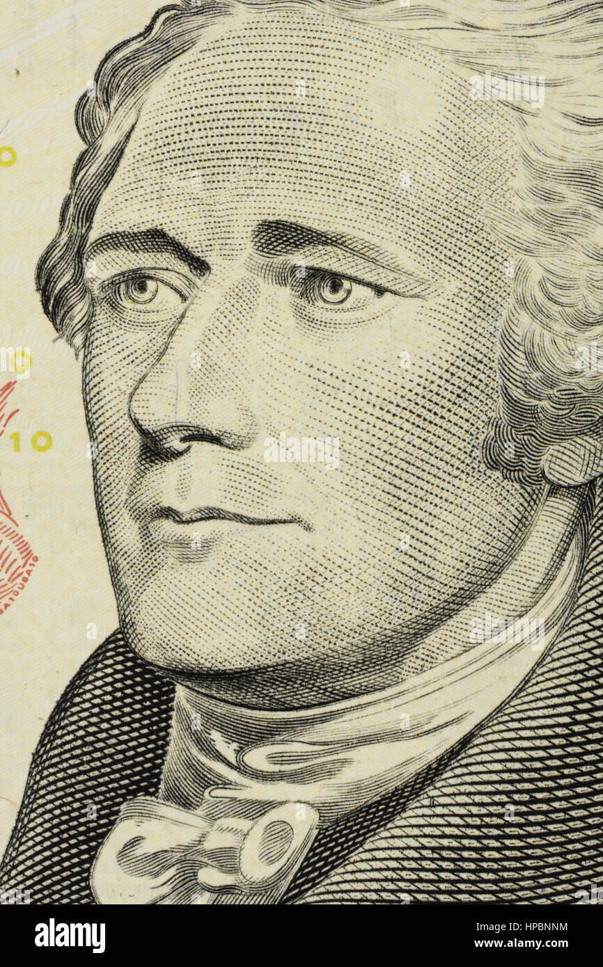 Alexander Hamilton Gros plan sur le visage de 10 $US dollar bill. Banque D'Images