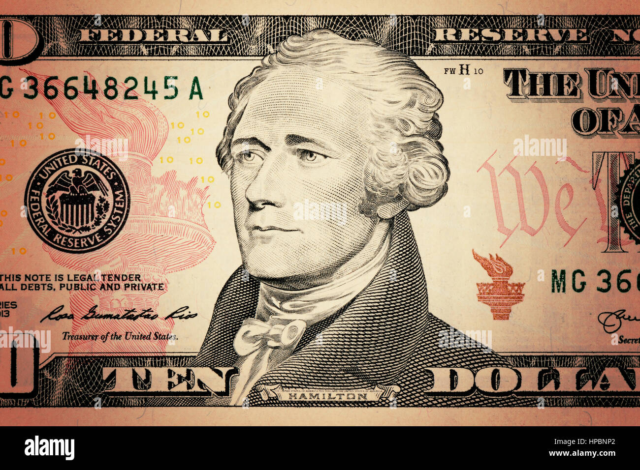 Alexander Hamilton Gros plan sur le visage de 10 $US dollar bill. Banque D'Images