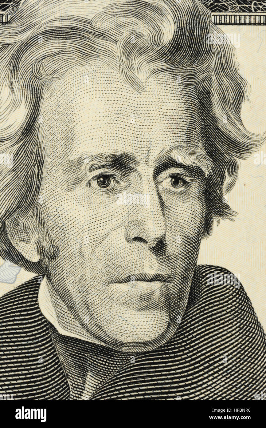 Andrew Jackson, gros plan sur le visage d'un dollar 20 $ US. Banque D'Images