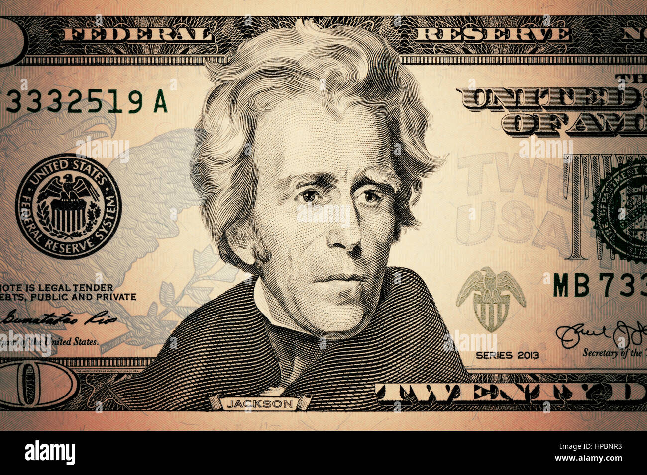 Andrew Jackson, gros plan sur le visage d'un dollar 20 $ US. Banque D'Images