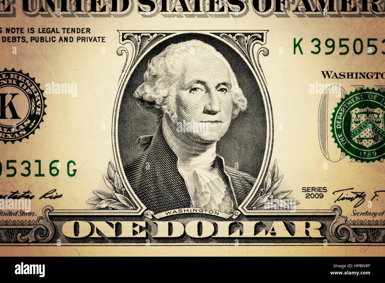 George Washington Gros plan sur le visage de 1 $US dollar bill. Banque D'Images
