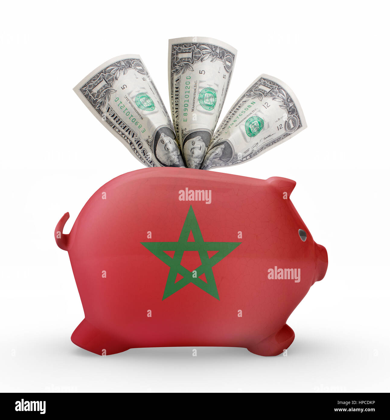 Vue latérale d'une tirelire avec le dessin du drapeau du Maroc.(série) Banque D'Images