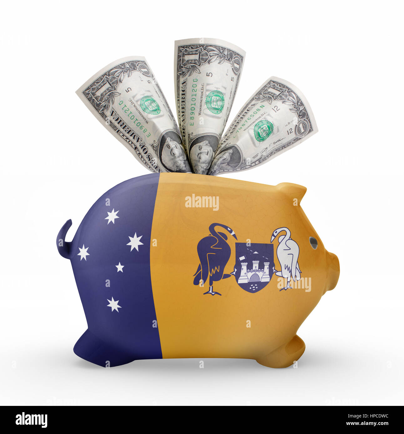 Vue latérale d'une tirelire avec le dessin du drapeau du territoire de la capitale australienne.(série) Banque D'Images