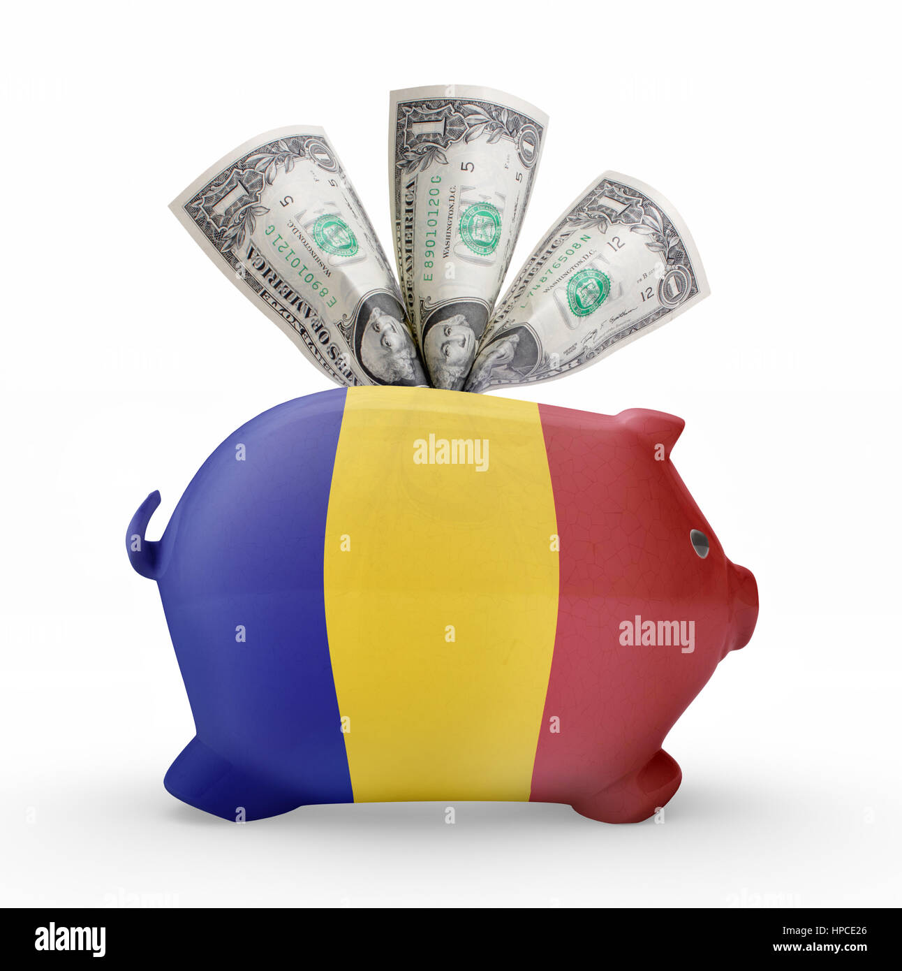 Vue latérale d'une tirelire avec le dessin du drapeau de la Roumanie.(série) Banque D'Images