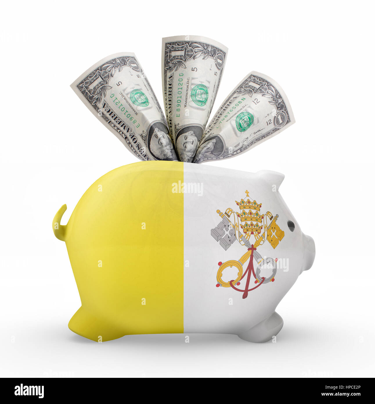Vue latérale d'une tirelire avec le dessin du drapeau de la Cité du Vatican.(série) Banque D'Images