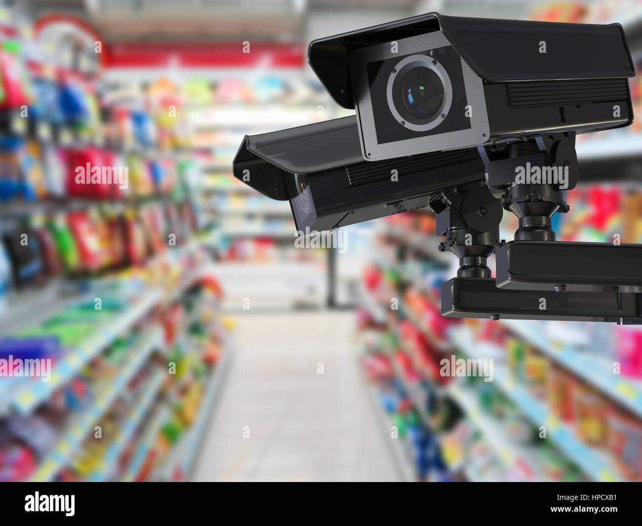 Le rendu 3D ou de caméra CCTV caméra de sécurité sur le magasin de détail arrière-plan flou Banque D'Images