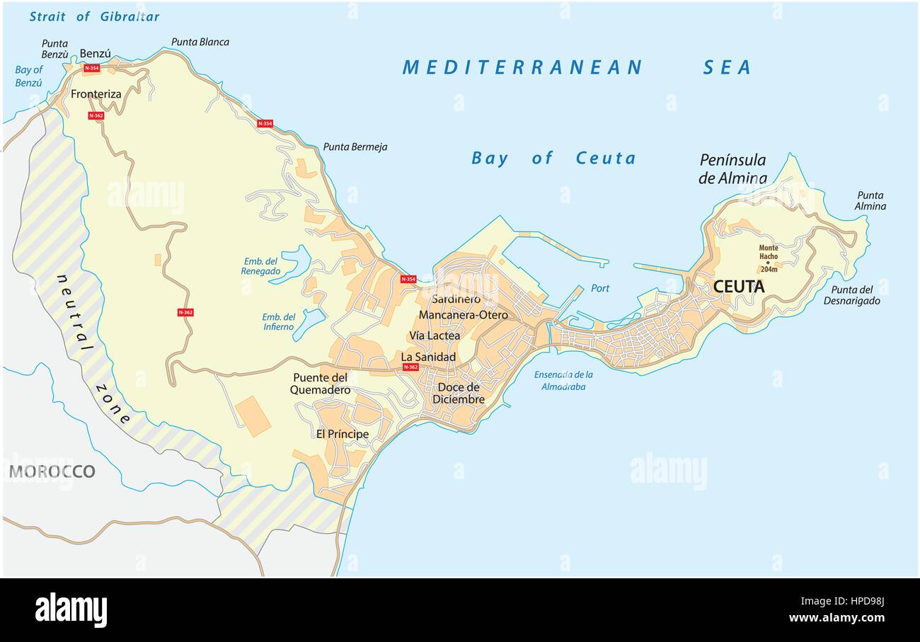 Carte routière de l'enclave espagnole de Ceuta sur le continent africain.eps Illustration de Vecteur