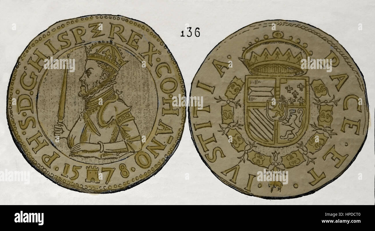 Coin du Hainaut. Aux Pays-Bas. Règne de Philippe II d'Espagne (1527-1598). La gravure. Banque D'Images