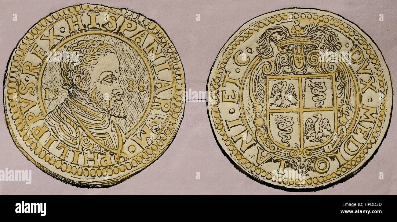 Ducat d'argent de Milan, 1556. Règne de Philippe II d'Espagne. Engravin. La couleur. Banque D'Images