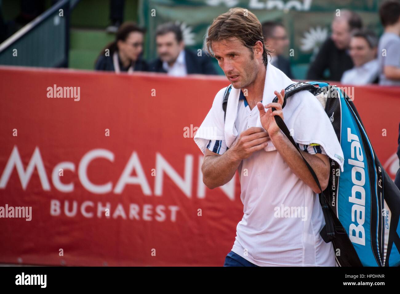 22 avril 2015 : Daniel GIMENO TRAVER-ESP à la fin du match à la Tournoi ATP BRD Nastase au Trophée Tiriac BNR Arenas, Roumanie ROU. Photo : Cronos/Catalin Soare Banque D'Images