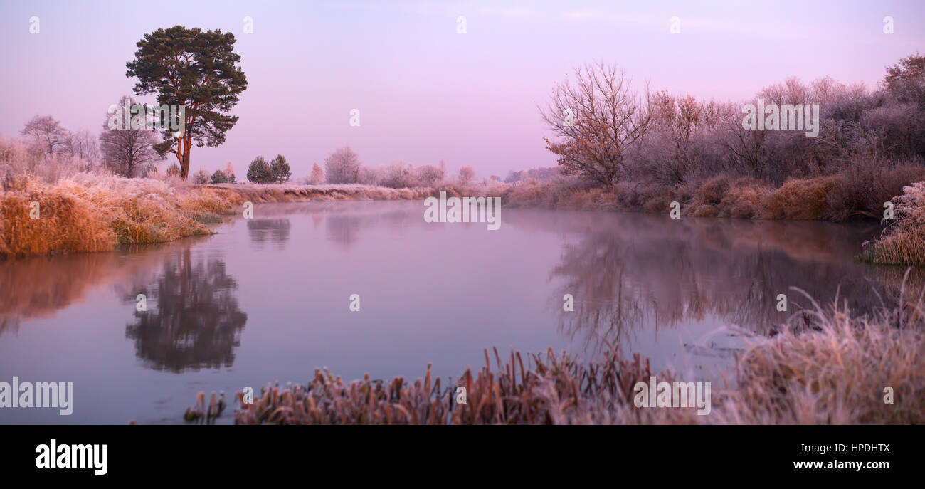 L'automne brumeux lever du soleil sur un lac de frosty matin froid Banque D'Images