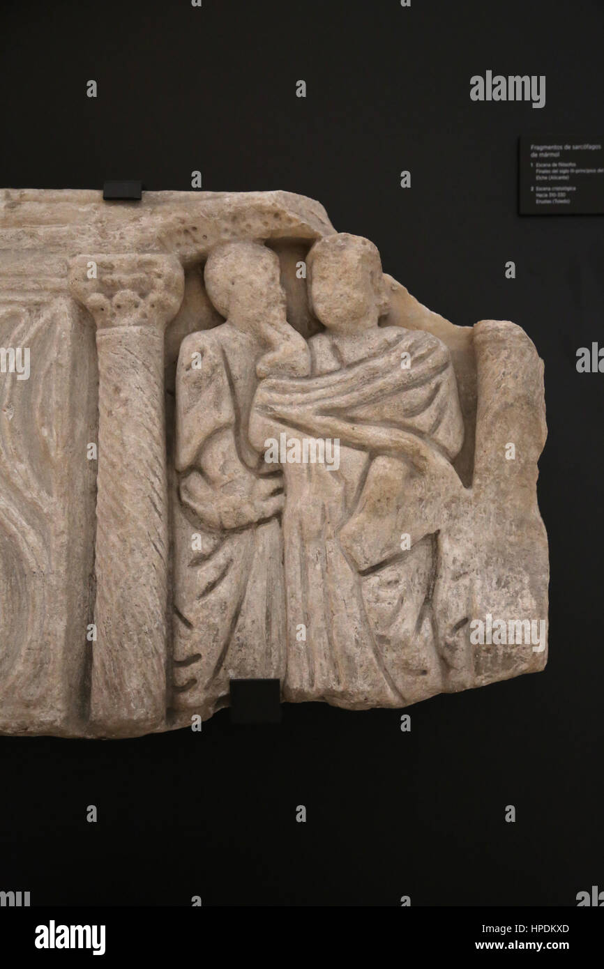 D Sarpophagus en fragments. Scène du philosophe. Fin 3e - début 4e siècle. Elche, Alicante. L'Espagne. Banque D'Images
