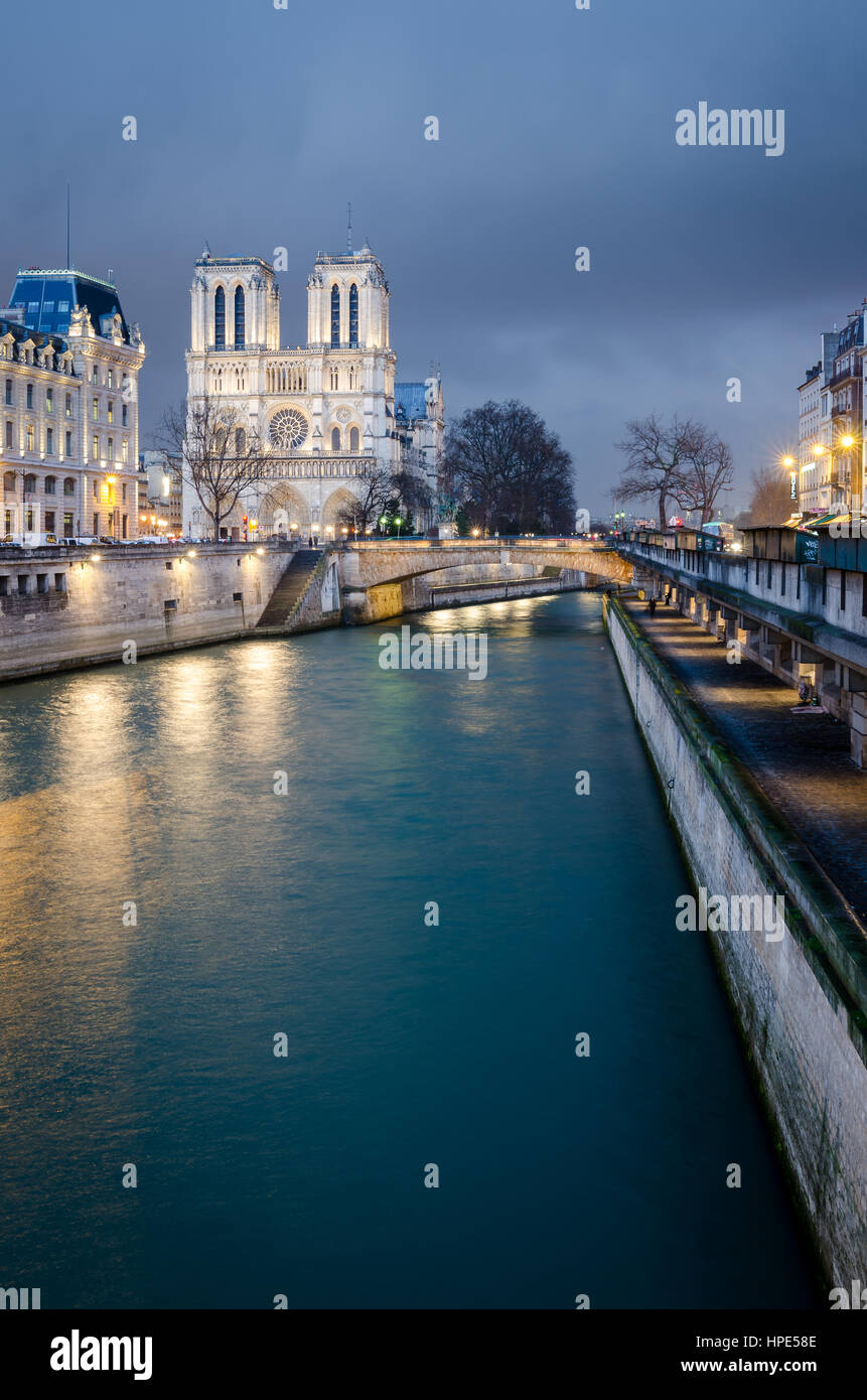 Notre-Dame de Paris et de Seine à heure bleue Banque D'Images