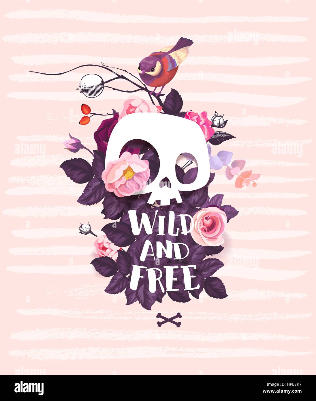 Cartoon blanc crâne humain entouré de boutons de rose fleurs, feuilles, sauvage et libre part lettrage et oiseau posé sur une branche contre fond rose. Vector illustration pour la carte de vœux, carte postale. Illustration de Vecteur