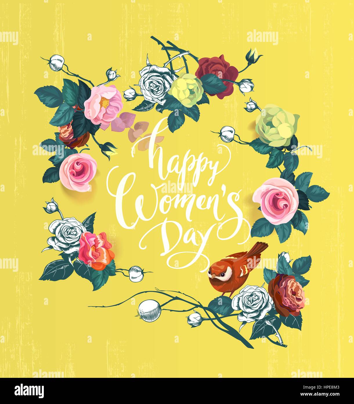 Bonne Journée de la femme. Lettrage à la main entouré par des grappes de fleurs de couleur rose, vert feuilles et d'oiseaux contre l'arrière-plan jaune. Vector illustration pour la carte de vœux, carte postale, invitation. Illustration de Vecteur