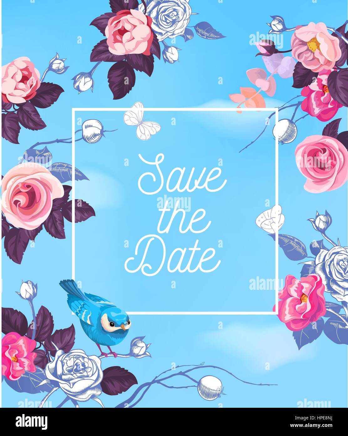 Joli Save The Date template avec semi-roses coloré et petit oiseau contre fond bleu avec des nuages blancs. Vector illustration pour la carte de vœux, carte postale, cortège ou d'invitation de mariage. Illustration de Vecteur