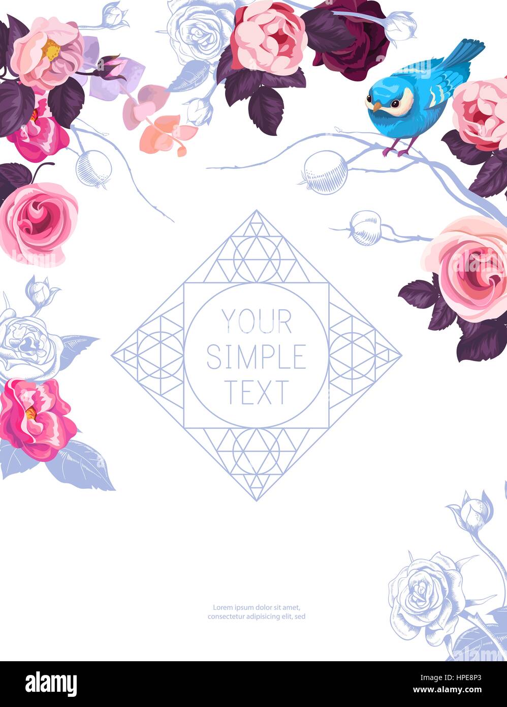 Modèle avec de jolies fleurs de couleur rose à moitié et petit oiseau sur fond blanc. Vector illustration pour la carte de vœux, cortège ou d'invitation de mariage, site web annonce, carte postale. Illustration de Vecteur